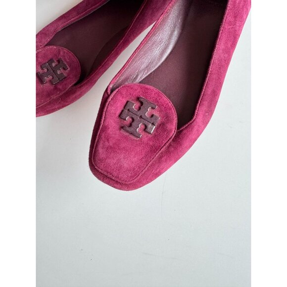 TORY BURCH Wine Burgundy Suede Leather Plastic Logo Driving Loafers, Size 9 - Picture 7 of 13